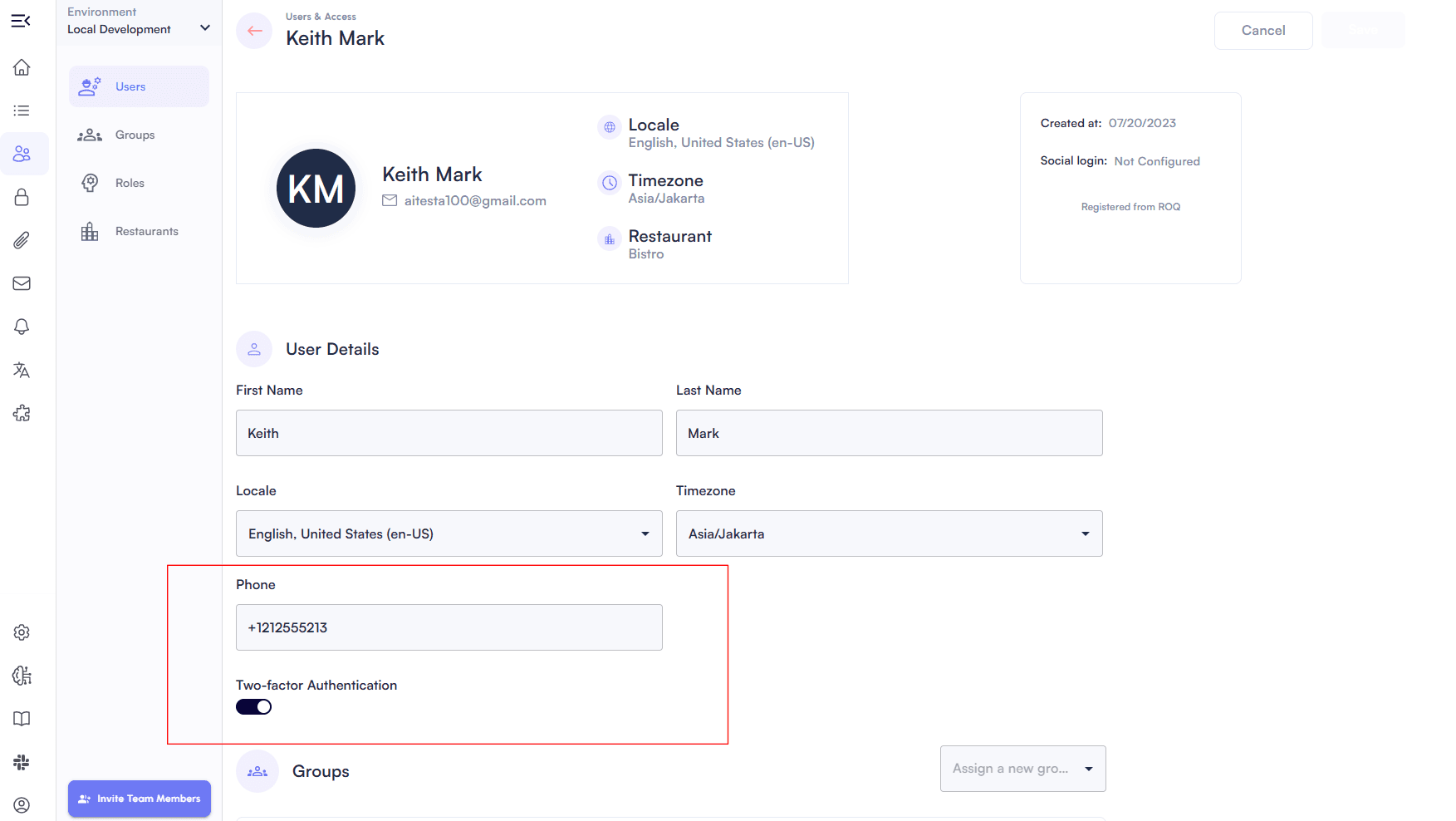 enable two factor auth for a user