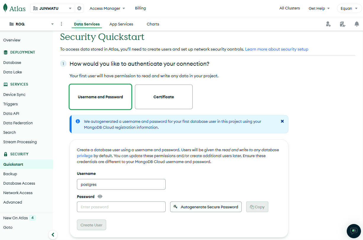 mongod db atlas create user and password